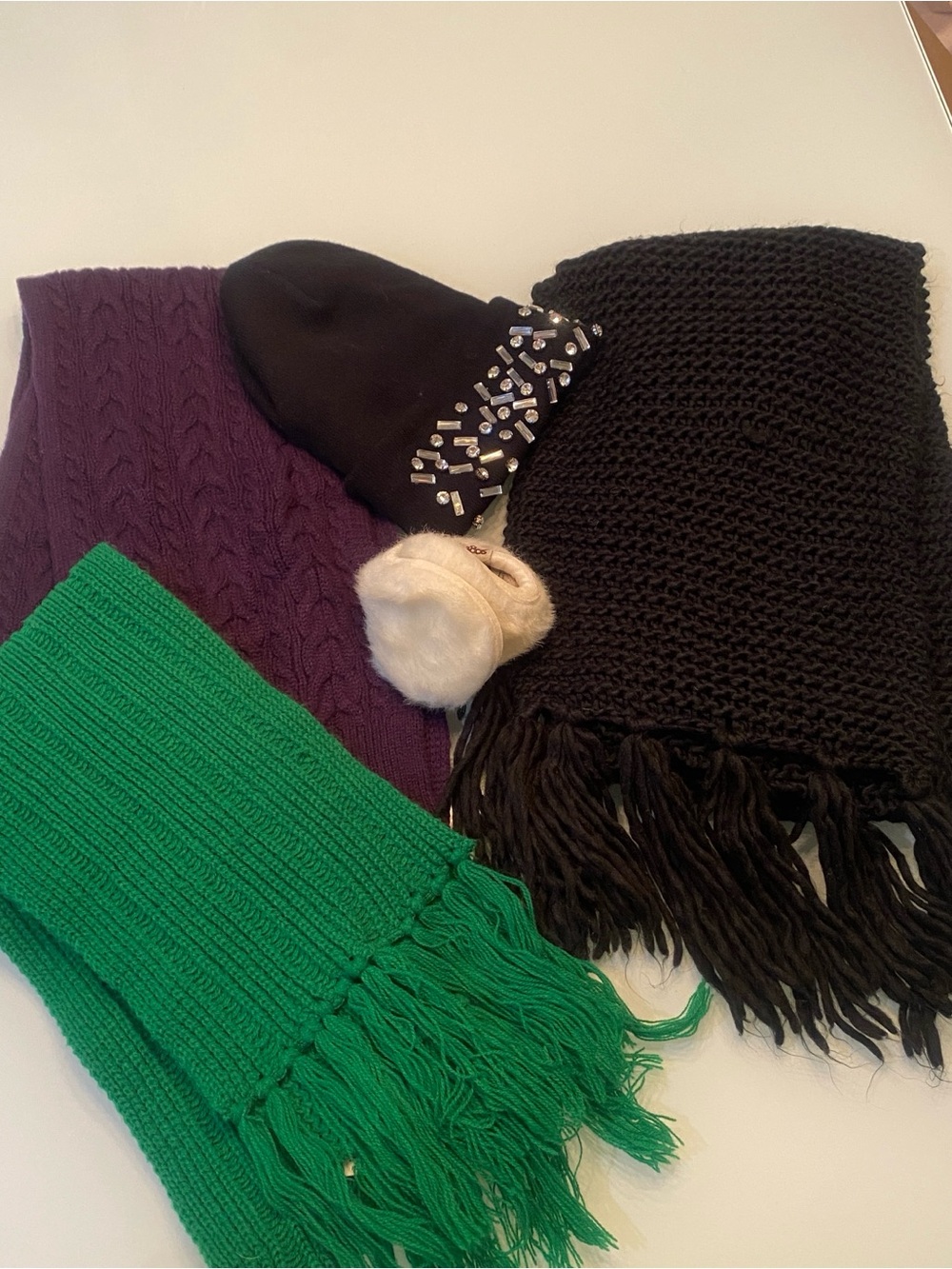 Bundle 5 Winter Accessories: H&M Fringe Scarf, Vintage Green Knit, Cable Scarf,